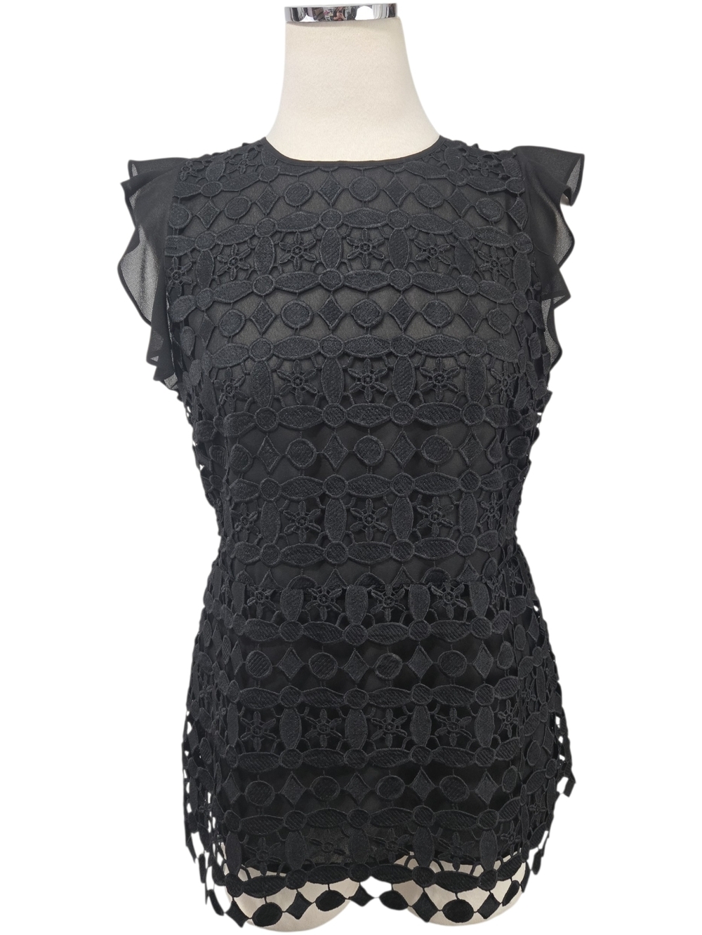 Michael Kors Black Floral Lace Top Ruffle Sleeve Blouse Size 8 Chiffon Guipure